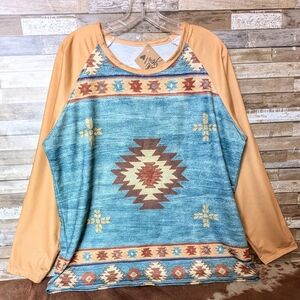 New Boho Western Aztec Drop Shoulder Jersey Tee